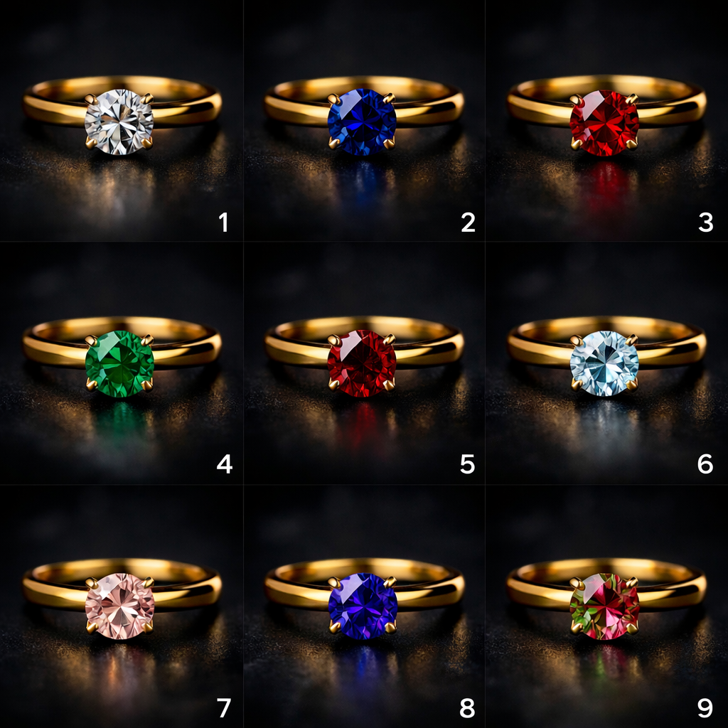 Zestaw pierścionków zaręczynowych z żółtego złota z różnymi kamieniami szlachetnymi: diament, szafir, rubin, szmaragd, spinel, akwamaryn, morganit, tanzanit, turmalin