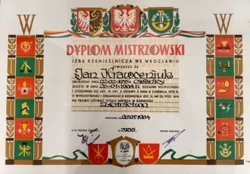 Dyplom Mistrzowski Jana Krawceniuka — Izba Rzemieślnicza we Wrocławiu, tytuł Mistrza w rzemiośle złotnictwo, 26 stycznia 1984