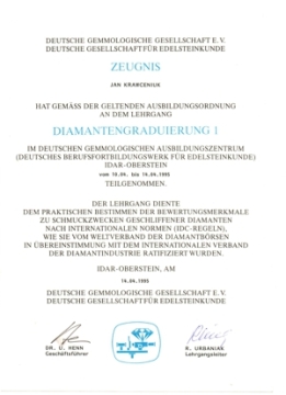 Certyfikat ukończenia kursu gradacji diamentów w Deutsche Gemmologische Gesellschaft DGemG w Idar-Oberstein — Jan Krawceniuk